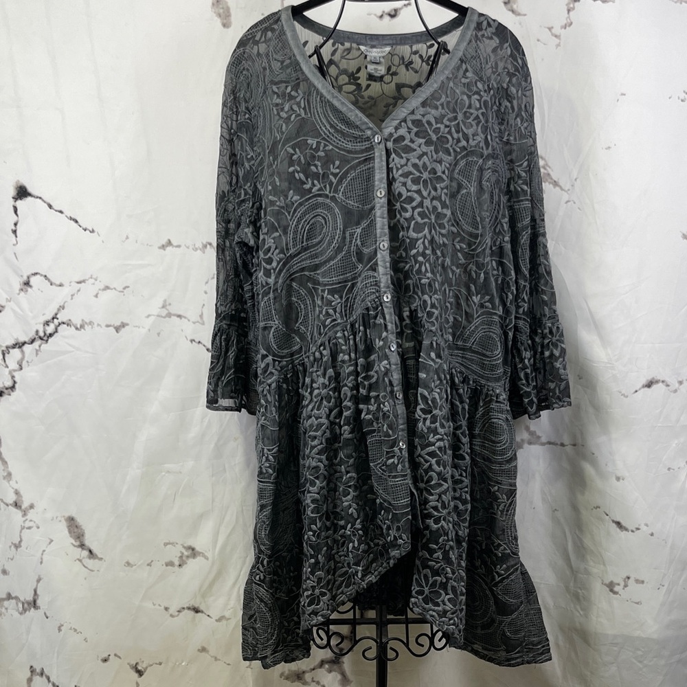 John Mark Embroidered Lace Dress Boho Sheer Tunic High Low Button-Up Bell Sleeve